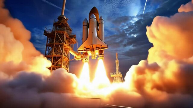 large rocket engine ignition, powerful and hot flames burst out of the nozzle, rocket launch at night, vertical takeoff of large space exploration rocket with boosters