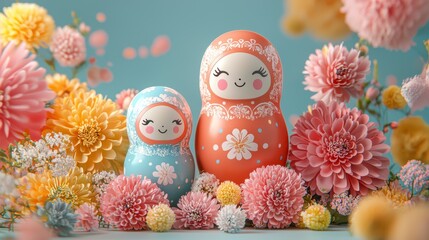 Fototapeta premium Nesting Dolls & Flowers
