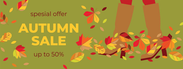 Creative catchy background of autumn sale with female legs in boots walking on colorful leaves. Bright beautiful banner for sale of demi-season shoes, shopping. Flyer, invitation, advertising, 