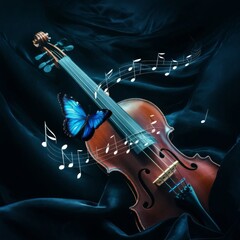 Fototapeta premium Violin with vibrant yellow Morpho butterfly gracefully perched on its neck. Notes and staff around