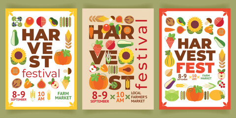 Set of geometric backgrounds for harvest festival with icons of fruits and vegetables, cereals, nut. Poster with harvest of seasonal farm products. Banner, flyer, invitation, announcement, advertising