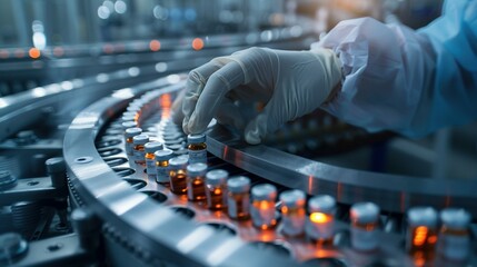Gloved Hand Placing Vial on Automated Conveyor Belt in Pharmaceutical Factory