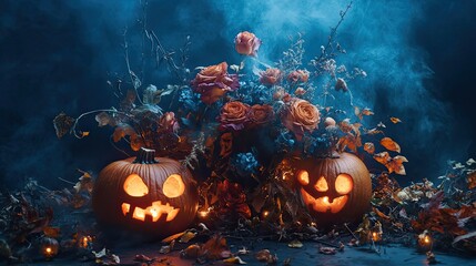 Naklejka premium Jack-o'-lanterns Surrounded by Withered Flowers and Fog