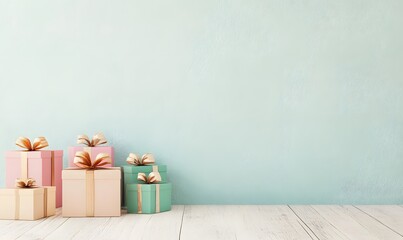 vibrant present boxes adorned with ribbons resting on a simple floor and wall, Generative AI