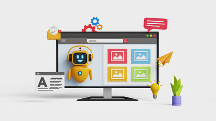 Generative AI tool. Prompt engineering or AI image creation technology. 3D chatbot creating image variations