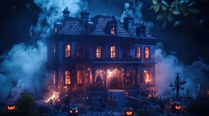 Fototapeta premium A Spooky Haunted House with Jack-o-Lanterns and Smoke