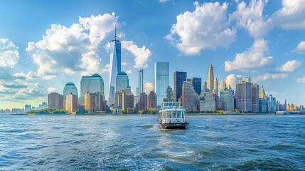 Naklejka premium Ferry Boat Navigating the Hudson River with a Skyline View of Lower Manhattan