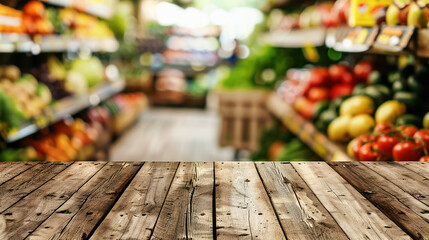 Empty wooden tabletop in front of colorful, blurred vegetable aisle in grocery store, perfect for displaying a product or advertising. Banner, copy space