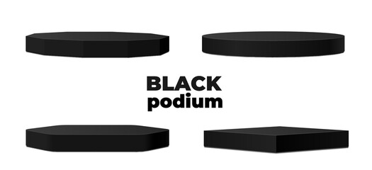 Black podium base or pedestal stages for product display, vector showcase pillars. Premium luxury black podium stage platforms of round circle, square and hexagon shape for showroom background