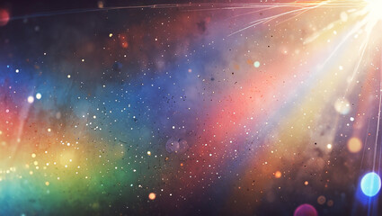 Obraz premium Rainbow Lens Film Flare Optical Overlay Effect Dust Bokeh Abstract Vintage Light Leak Retro Camera Photo Defocus Blur Bright Sunlight Reflection. Use Screen Overlay Mode for Photos