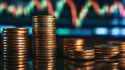 Gold Coins Stacked in Front of a Blurred Stock Market Graph