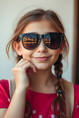 Fototapeta premium A young girl wearing stylish sunglasses, smiling confidently. She has a playful expression.