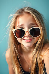 Naklejka premium A young girl wearing stylish sunglasses, smiling confidently. She has a playful expression.