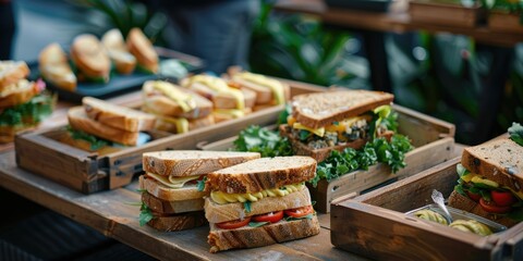 Corporate event morning tea food platters featuring self serve sandwiches salad and bread displayed on plates and wooden boxes