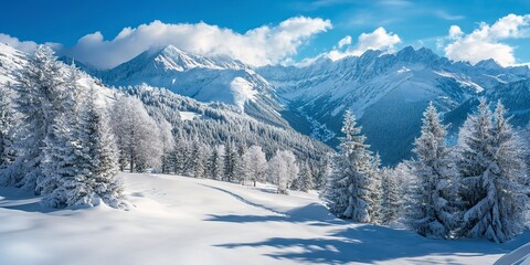 The image shows a beautiful winter landscape with snow-capped mountains and trees.