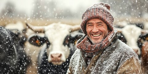 Fototapeta premium A content man in winter clothing smiles amidst a group of cattle during a snowfall, representing a serene farm life