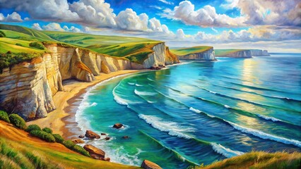 An acrylic painting showcasing the intricate details of an English coastal scene capturing the...