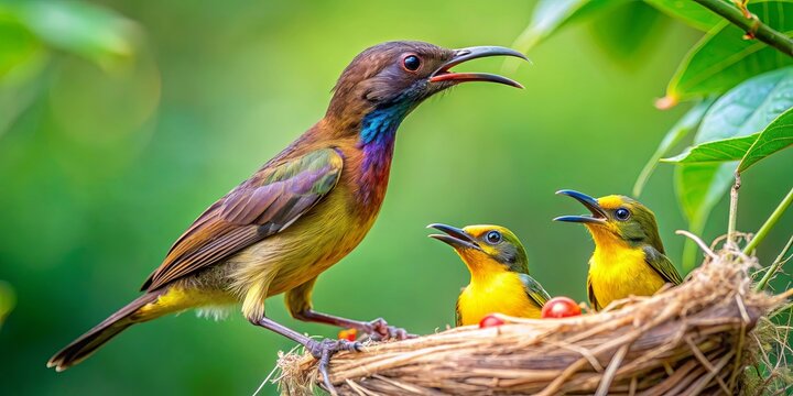 Mum brown throated sunbird feeding her adorable cub, mother, bird, wildlife, nature, family, nurturing, care, colorful, tropical