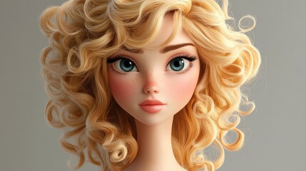 Fototapeta premium 3D Cartoon of a Beautiful Woman with Blonde Curly Hair Cosmetic Concept
