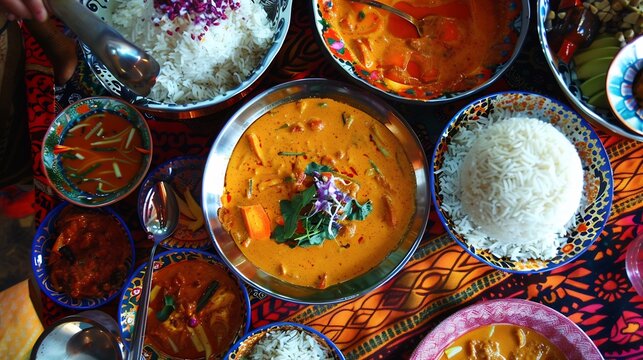 Vibrant food spread featuring Jadoh a traditional Khasi dish paired with spicy masor tenga and rice