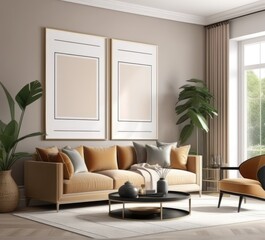poster frame mock-up on modern living room interior. minimalist fucnitures