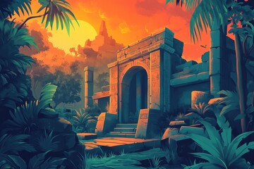 Fototapeta premium Ancient Stone Archway Entrance to a Jungle Temple at Sunset
