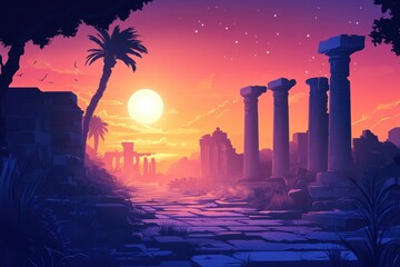 Ancient Ruins at Sunset with a Palm Tree and a Stone Path