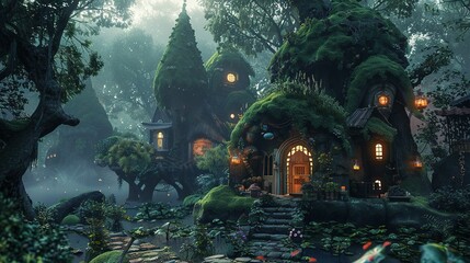 Obraz premium Mystical Treehouse Home in a Foggy Forest