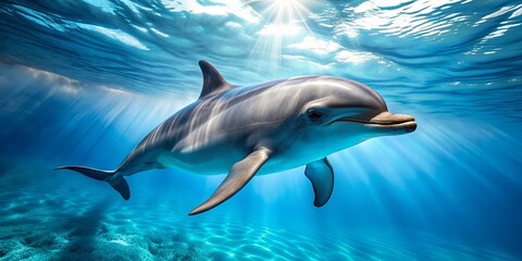 Obraz premium Delfin płynący z gracją w czystej, błękitnej wodzie, delfin, życie morskie, dzika przyroda, ocean, ssak, wodny
