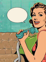 A retro comic panel featuring a smiling woman holding a telephone, with a blank speech bubble.