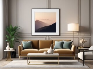poster frame mock-up on modern living room interior. minimalist fucnitures