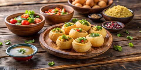 Healthy Baked Pani Puri served with flavorsome accompaniments on rustic wooden surface , healthy, baked, pani puri