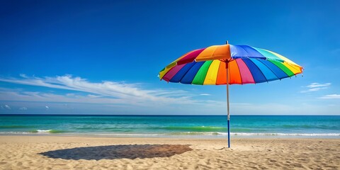 Colorful beach umbrella in a summer setting with rendering, beach, summer, colorful, umbrella, rendering, vacation, relaxation