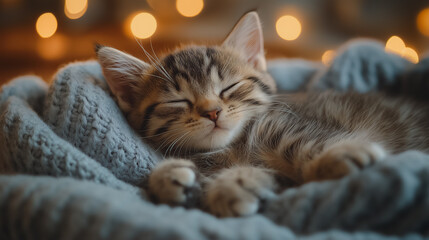 A cat is sleeping in a blanket