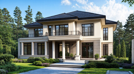 Fototapeta premium Modern Luxury House Surrounded by Lush Gardens/緑豊かな庭に囲まれたモダンラグジュアリーハウス