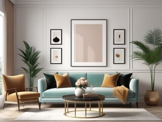 poster frame mock-up on modern living room interior. minimalist fucnitures