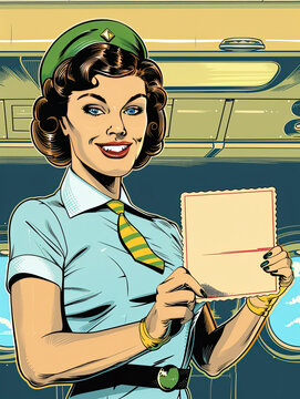 A smiling flight attendant in a retro comic panel holds a blank boarding pass in an airplane interior.