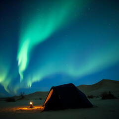 Camping tent in the desert at night with the aurora borealis in the sky