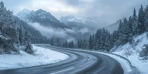 Winding mountain road in winter, snow-covered landscape, misty mountains in background, evergreen forest, curving asphalt highway, cloudy sky, atmospheric perspective