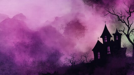 Eerie haunted house silhouette against a mystical purple fog at twilight