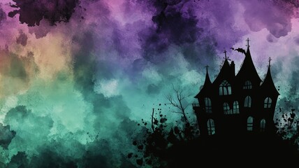 Spooky silhouette of a haunted house against a colorful, mystical sky at night