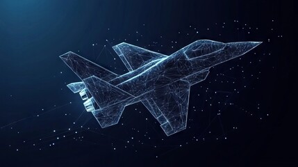 Fighter jet in flight from abstract polygonal points blue. Low poly fighter in motion, lines and connected to form, vector illustration
