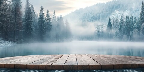 Wood tabletop podium floor outdoors misty lake and forest in winter nature landscape background.cosmetic natural product present placement pedestal counter display.cold scene concept.