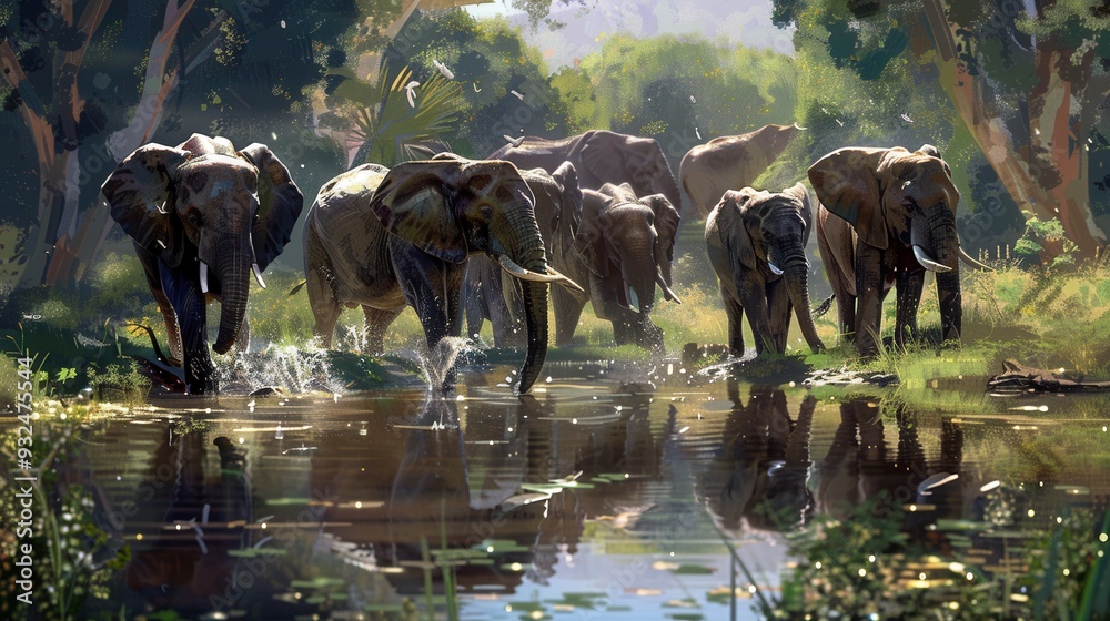 Poster a herd of elephants drinks from a tranquil pond surrounded by dense greenery as the sun sets, creati
