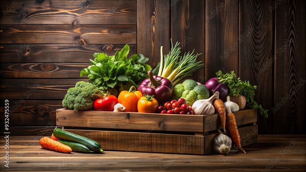 Canvas Prints Dark brown kitchen podium background with a variety of fresh vegetables on wooden display, kitchen, podium, background