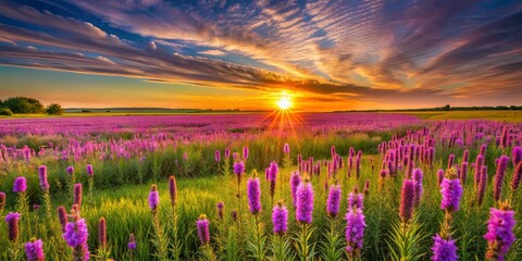 Naklejka premium Sunset over the vibrant midwest prairie with blooming native blazing star wildflowers, sunset, midwest, prairie