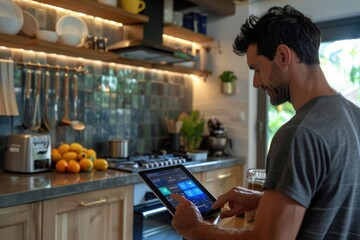 Fototapeta premium Man adjusting smart home settings through a tablet while working in the kitchen, integrating AI technology into everyday life