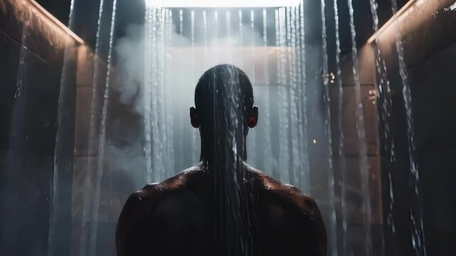 Muscular man is enjoying a refreshing cold shower in a luxury spa. The water is cascading down his back, providing a revitalizing and invigorating experience