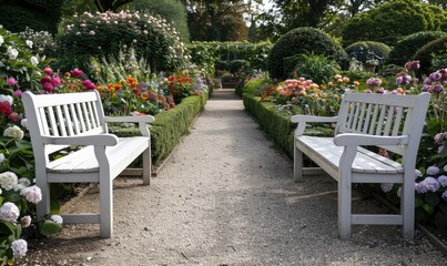 Obraz premium Charming Garden Retreat: Blooming Flowers, Trimmed Hedges, and Stone Pathway Leading to Wooden Bench