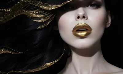 Wanddecoratie Zwart goud Elegant female model's exquisite facial features dramatically with long dark hair, dark skin, and gold metallic lips. Suitable for fashion, beauty products, and artistic concepts.  © idris